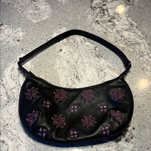 Maxx New York Black and Purple Floral Leather Shoulder Bag OS